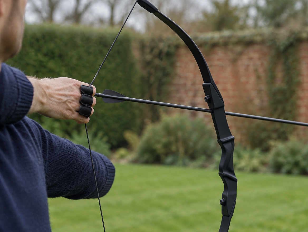 Close-up of a black First Draw recurve bow at full draw, showing the bent limb and a three-finger grip on the string