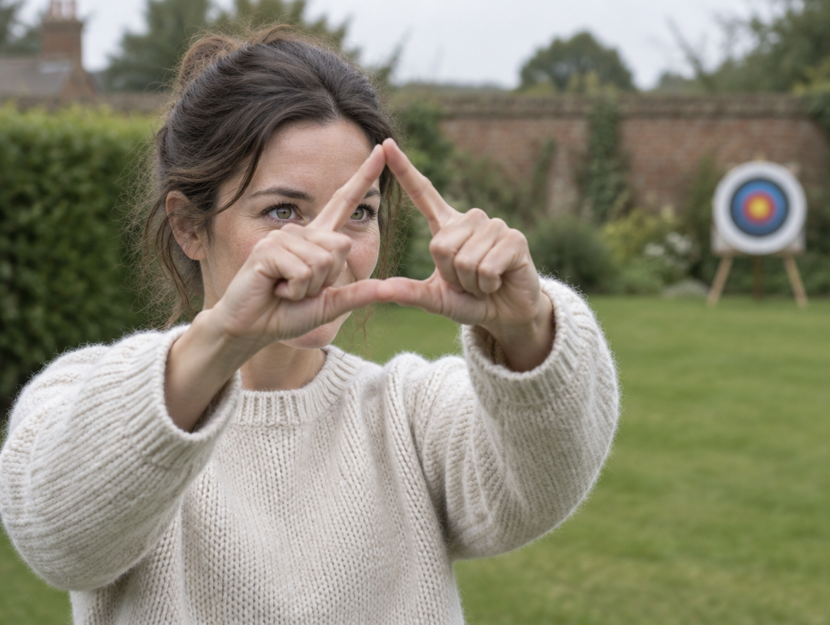 Woman doing the dominant eye test, framing a distant point through a triangle made with her hands, to choose a left- or right-handed bow