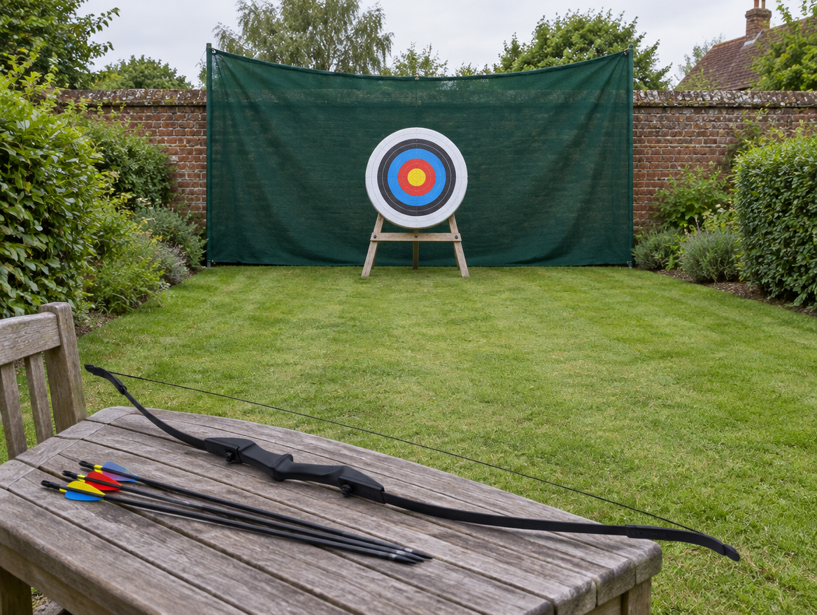 Safe archery range in an English back garden: foam target in front of a backstop net, with a black First Draw recurve bow on a bench