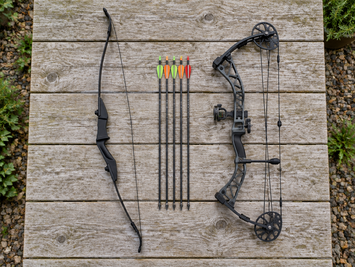 Black First Draw recurve bow next to a compound bow with cams, laid side by side on a wooden table