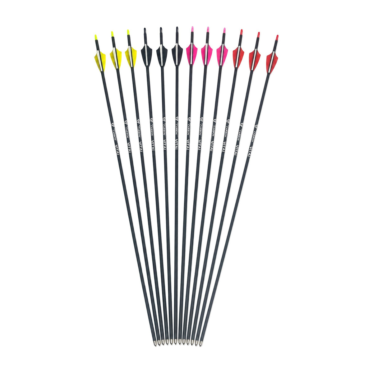 Twelve replacement archery arrows with yellow, black, pink and red vanes and steel field tips, on a white background