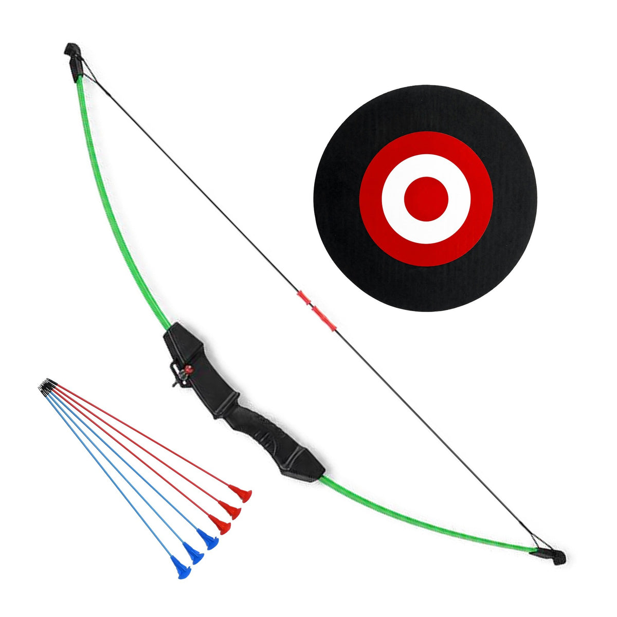 First Draw Junior Kit: green 15 lbs kids' recurve bow, suction-cup arrows and black target on a white background