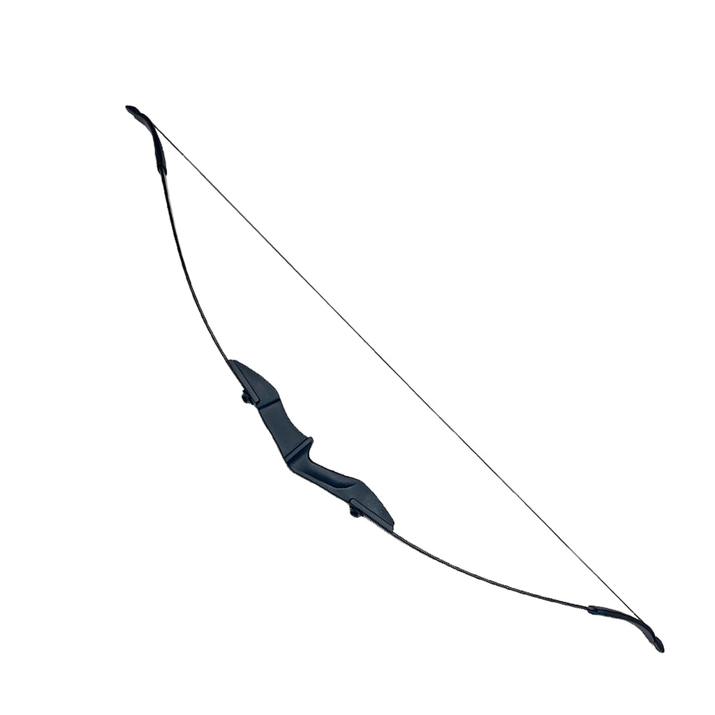 First Draw beginner recurve bow, strung, black riser and limbs, on a white background