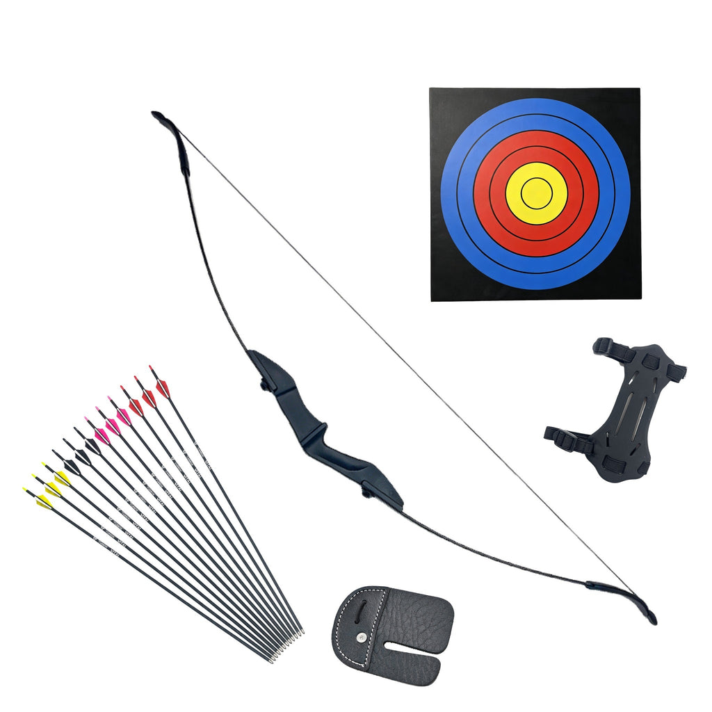 First Draw Starter Kit on a white background: takedown recurve bow, 12 arrows, foam target, arm guard and finger tab