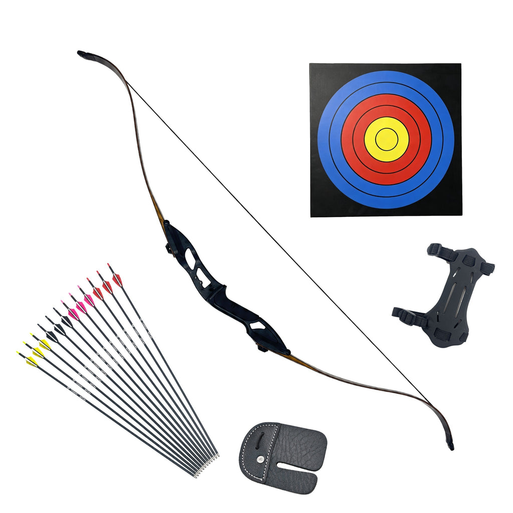 Next Step Kit on a white background: takedown recurve bow, 12 arrows, foam target, arm guard and finger tab