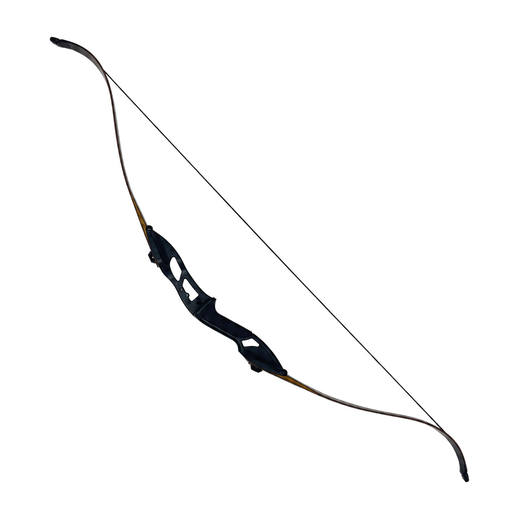 Next Step recurve bow, strung, black riser with black and natural-wood limbs, on a white background