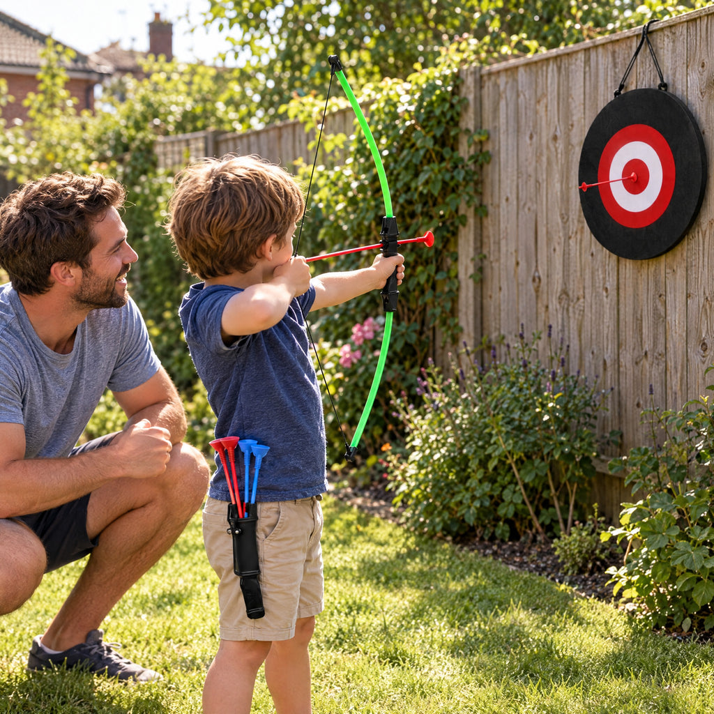 Child shooting the First Draw Junior bow at a target on the garden fence while a parent cheers him on