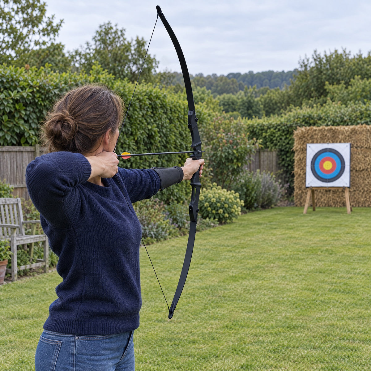 Woman drawing a black First Draw recurve bow in her back garden on an overcast morning