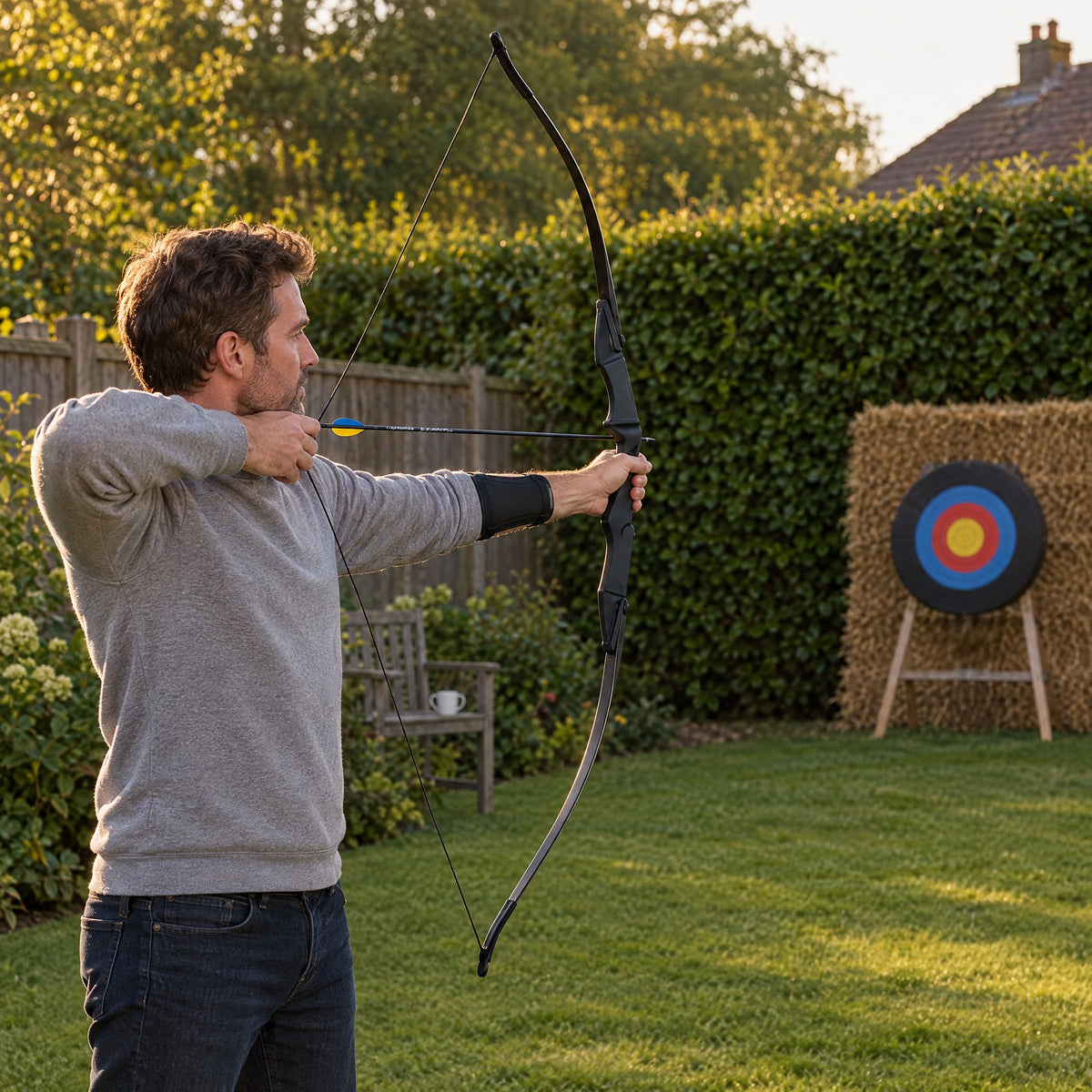 Adult beginner at full draw with the First Draw recurve bow in a British back garden, aiming at a target