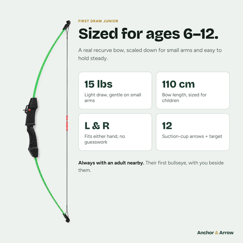 First Draw Junior bow sized for children aged 6 to 12, light 15 lbs draw