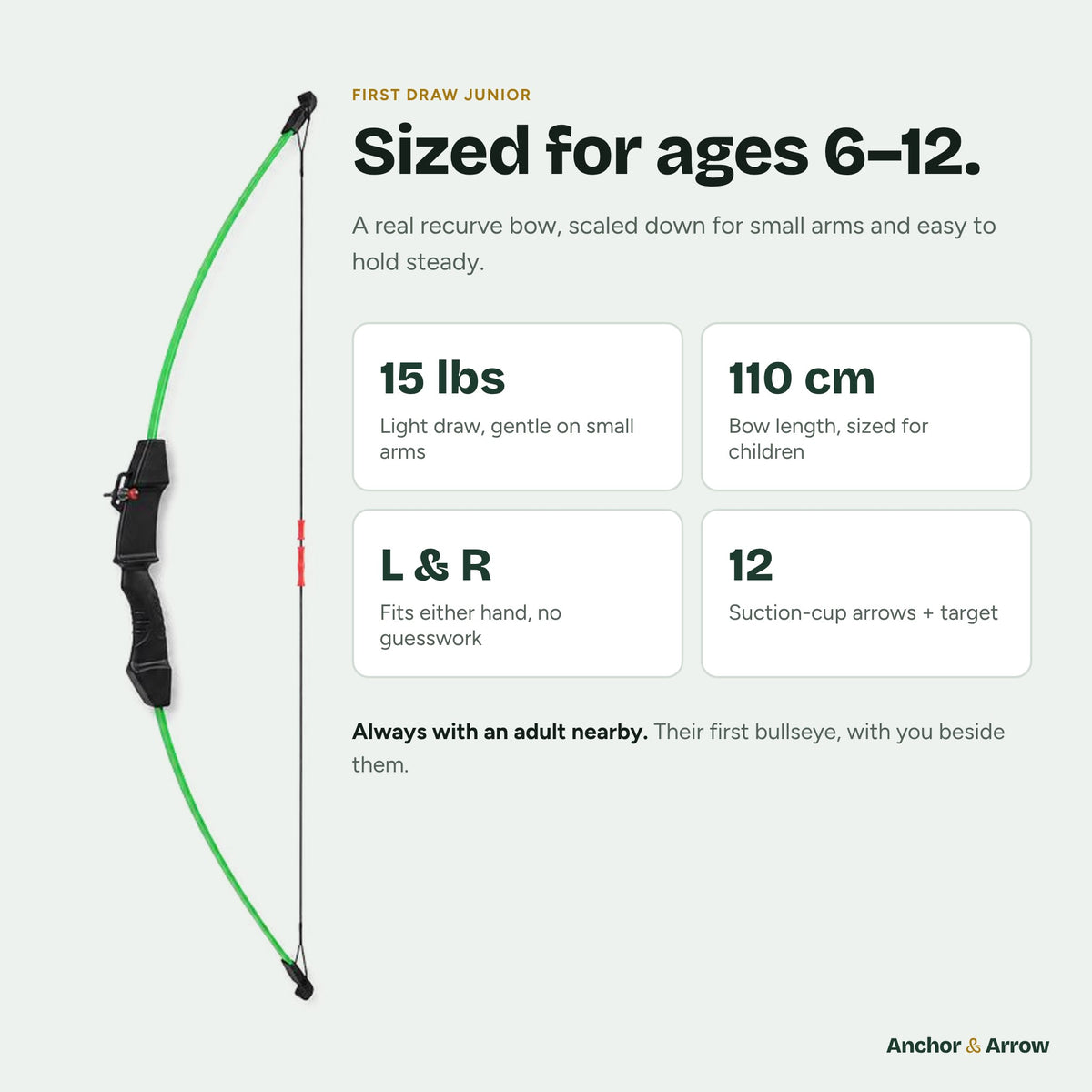 First Draw Junior bow sized for children aged 6 to 12, light 15 lbs draw