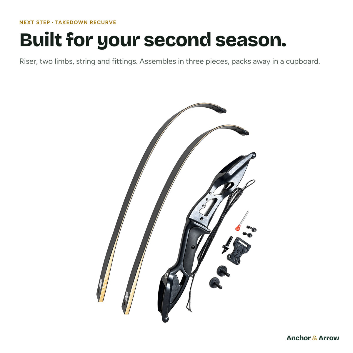 Next Step takedown recurve bow: riser, two limbs, string and fittings