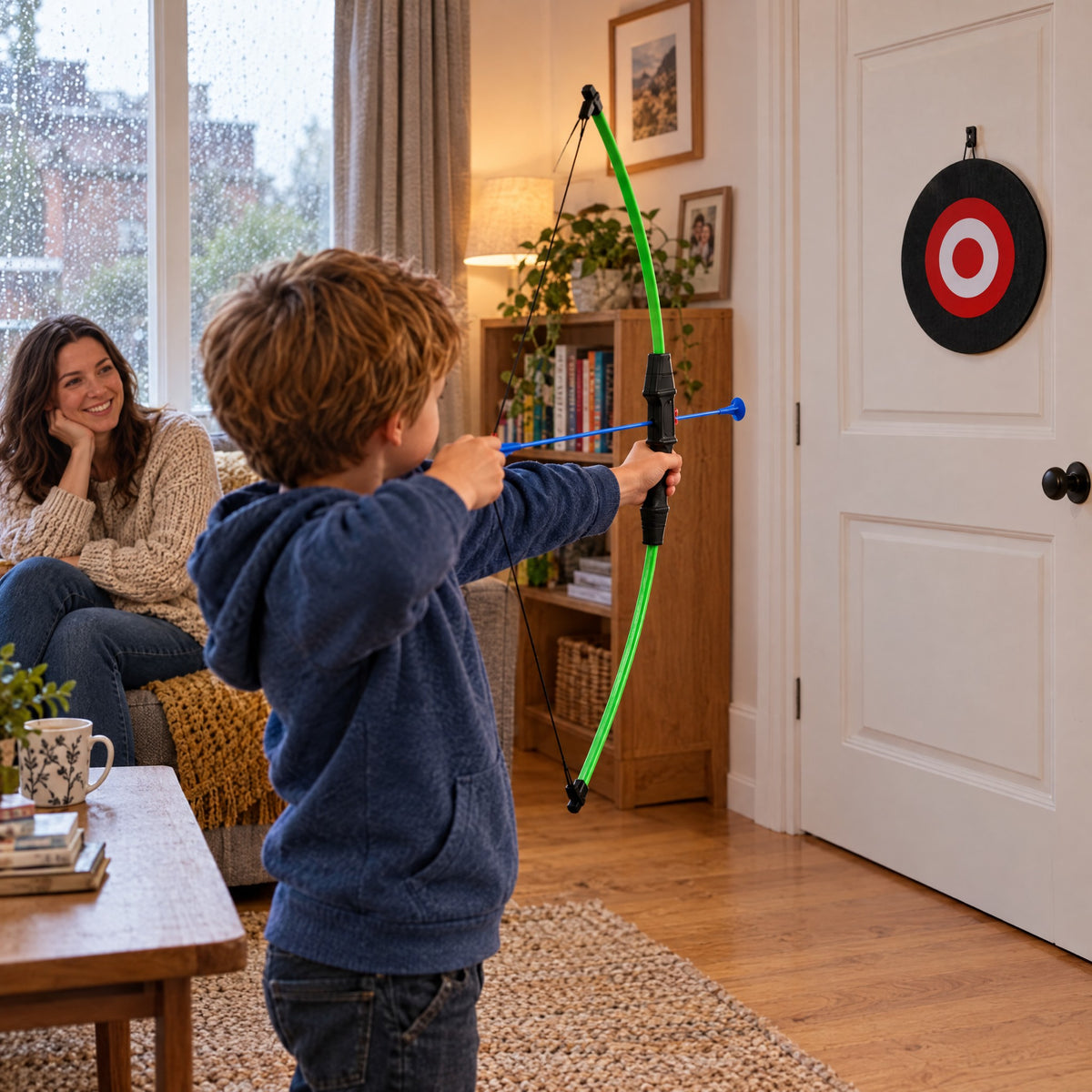 Child practising indoor archery in the living room on a rainy day, parent watching from the sofa