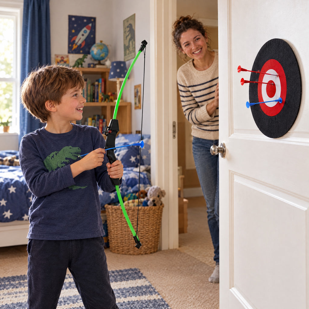 Smiling child with the green junior bow in his bedroom, suction-cup arrows on the target on the door, parent in the doorway