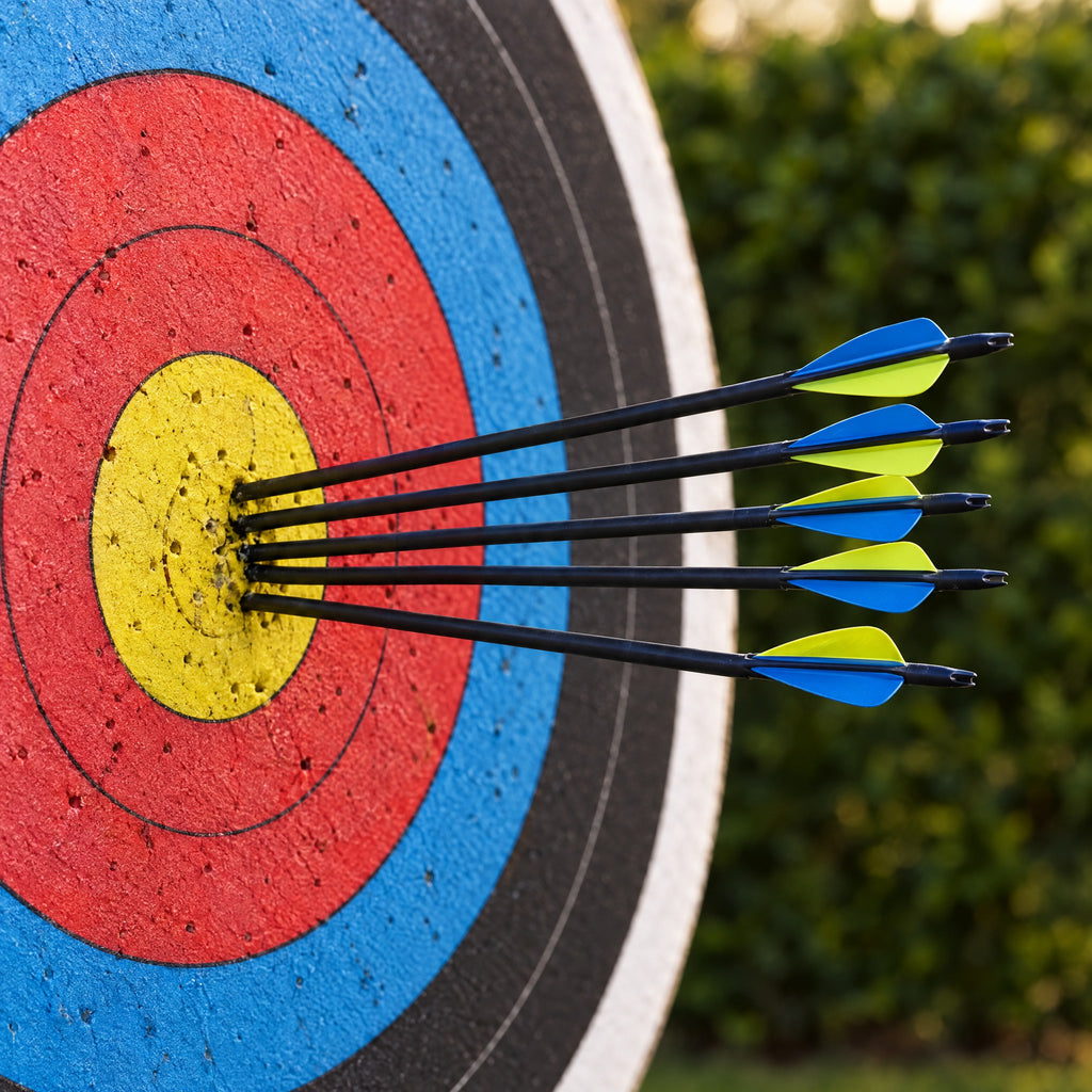 Arrows grouped in the centre of an archery target
