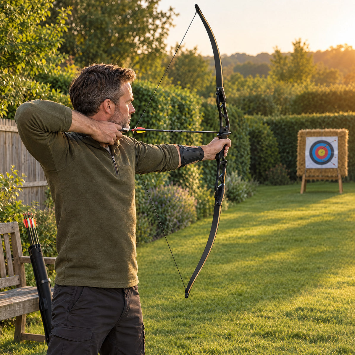 Archer at full draw with the Next Step recurve bow in a long back garden at sunset