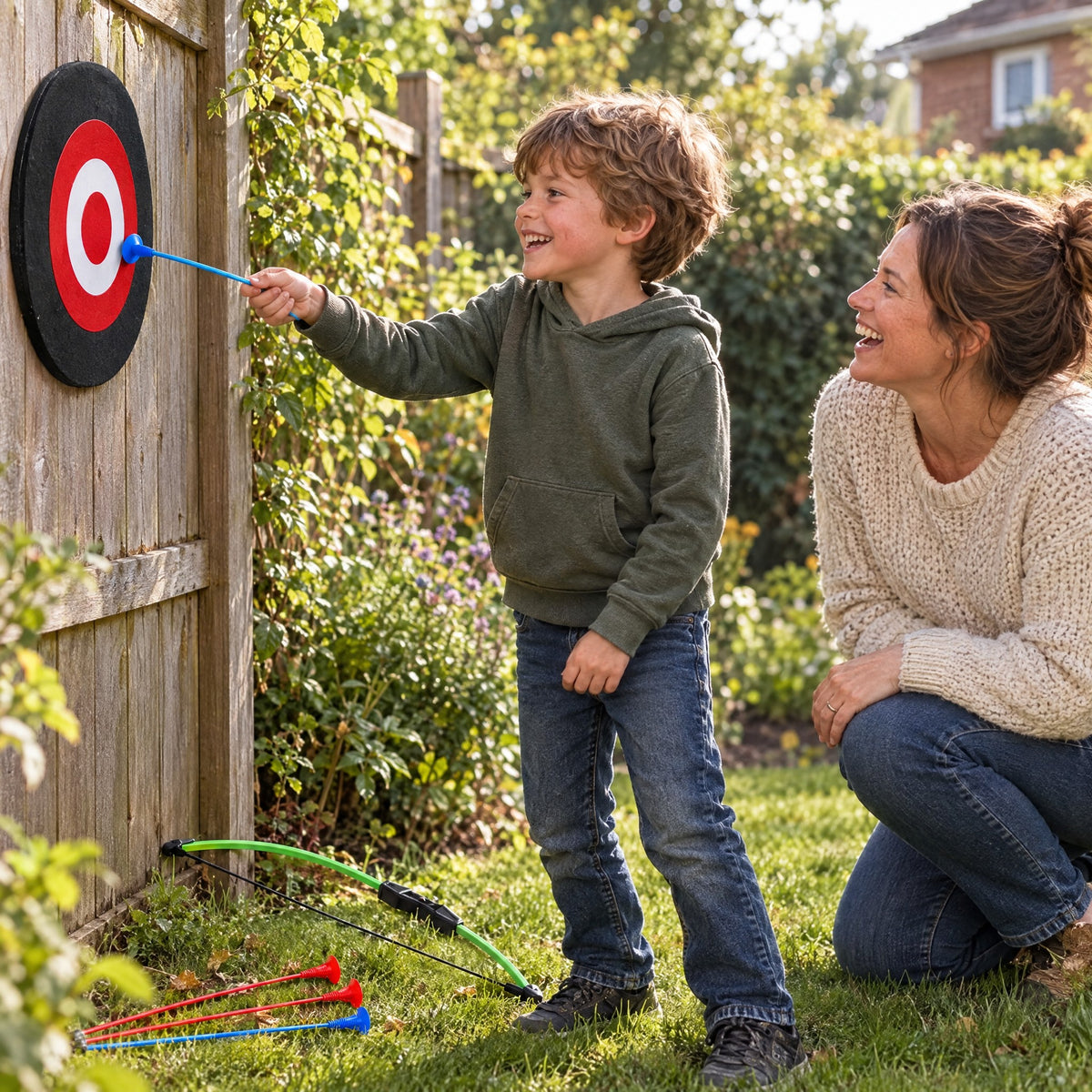 Child pulling a suction-cup arrow off the target in the garden, parent laughing beside him