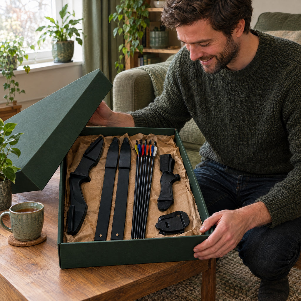 Man opening a gift box containing a recurve bow, arrows and accessories