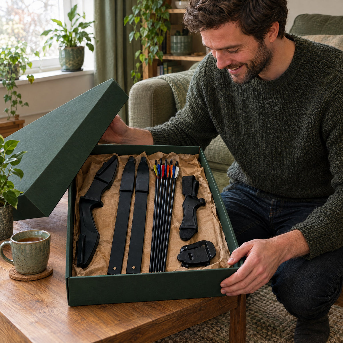 Man opening a gift box containing a recurve bow, arrows and accessories