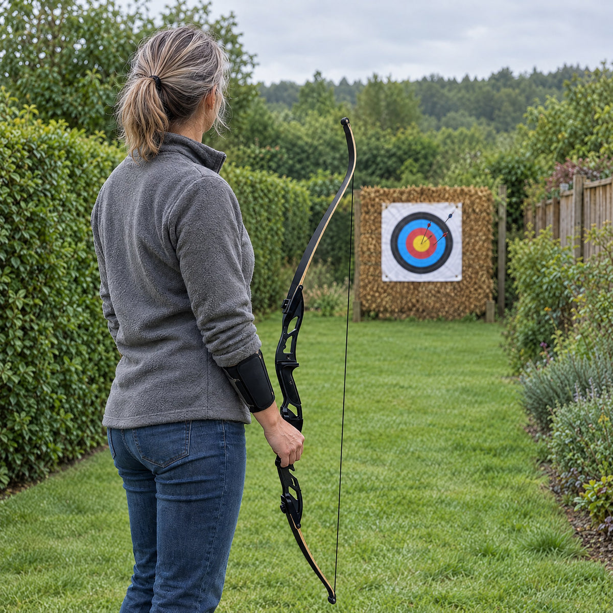 Archer holding the Next Step recurve bow, looking at her arrows in the target