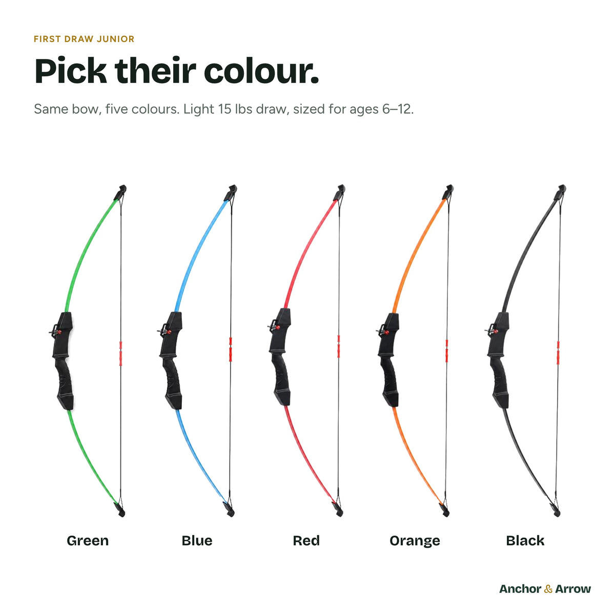 First Draw Junior bow available in green, blue, red, orange and black
