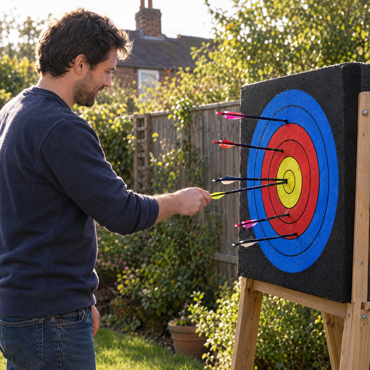 Archer pulling his arrows out of the foam target in an English back garden