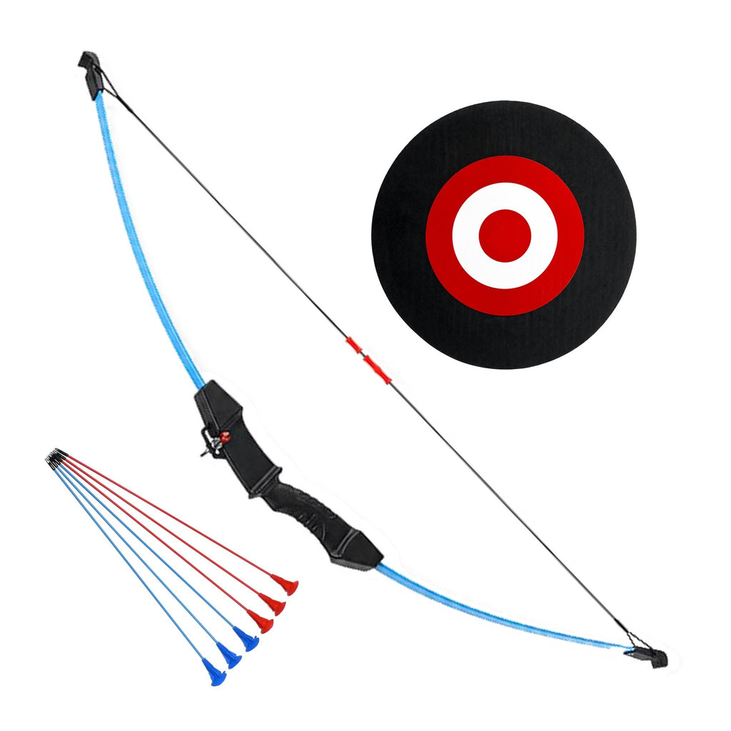 First Draw Junior Kit with blue kids' recurve bow, suction-cup arrows and black target