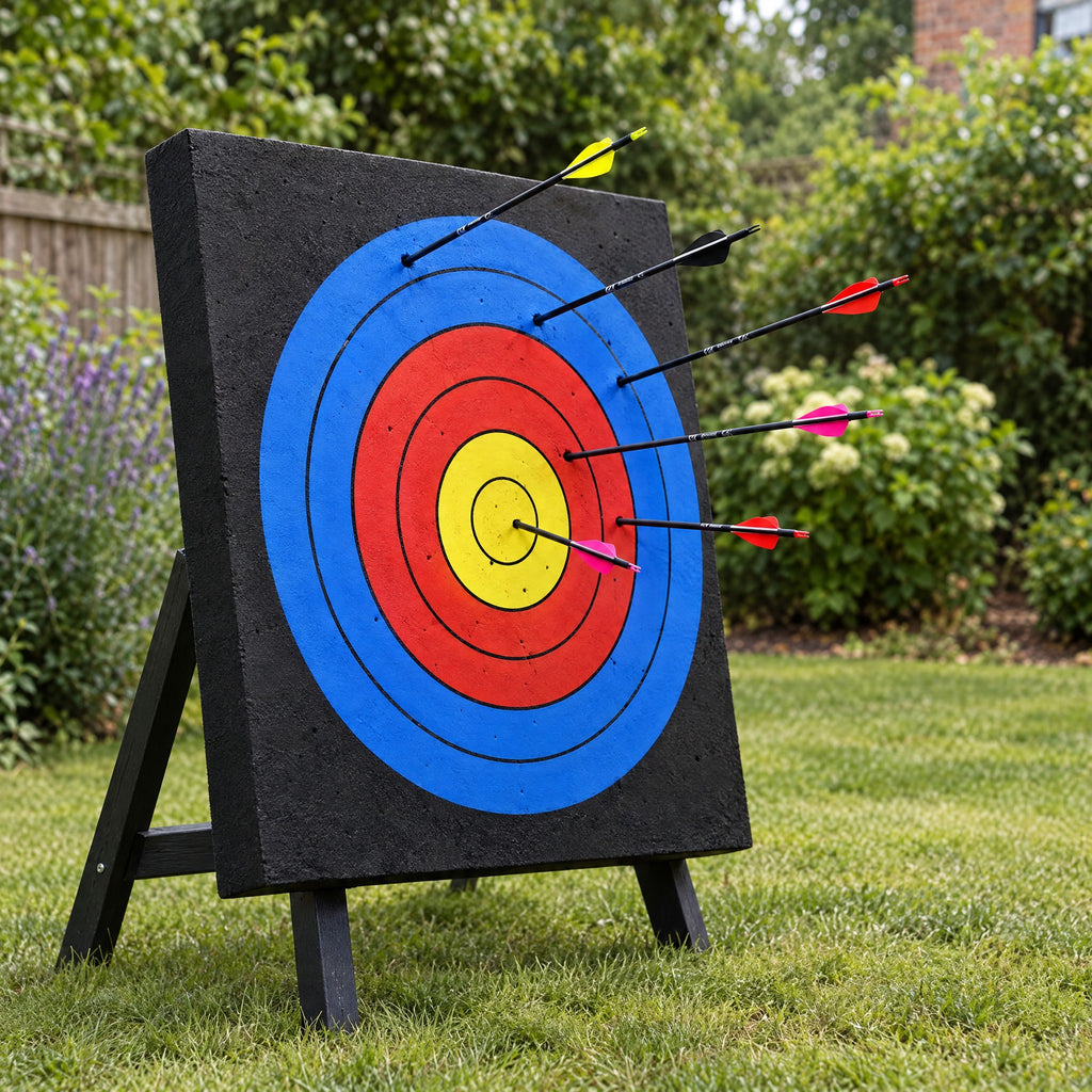 First Draw arrows stuck in the foam archery target on its stand in the garden