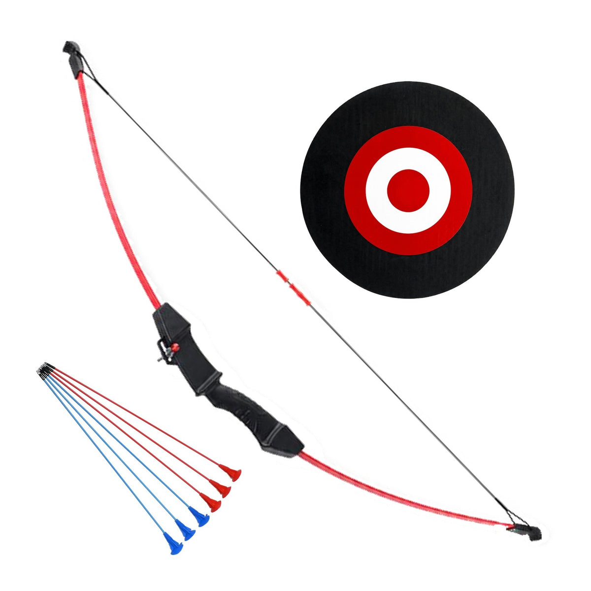 First Draw Junior Kit with red kids' recurve bow, suction-cup arrows and black target