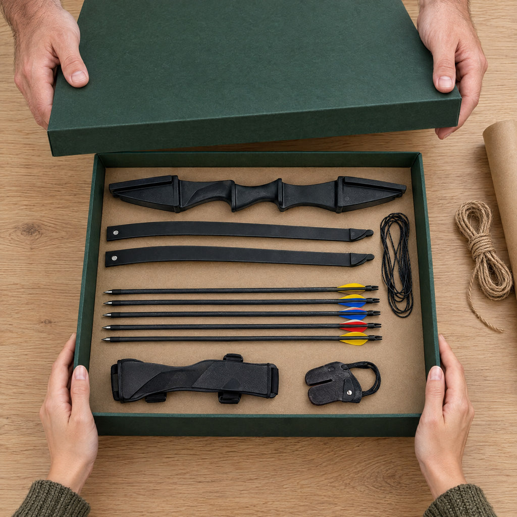 Beginner archery kit laid out in a green gift box: takedown recurve bow, arrows and accessories
