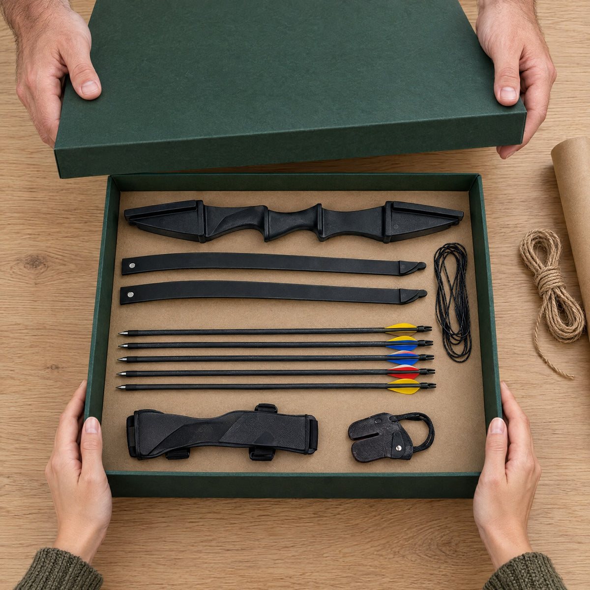 Beginner archery kit laid out in a green gift box: takedown recurve bow, arrows and accessories