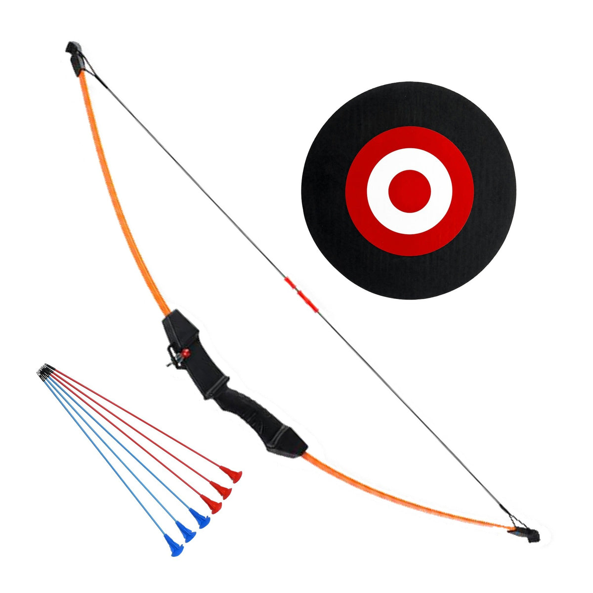 First Draw Junior Kit with orange kids' recurve bow, suction-cup arrows and black target