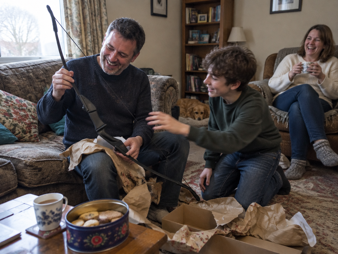 Parent and teenager shooting together in a garden
